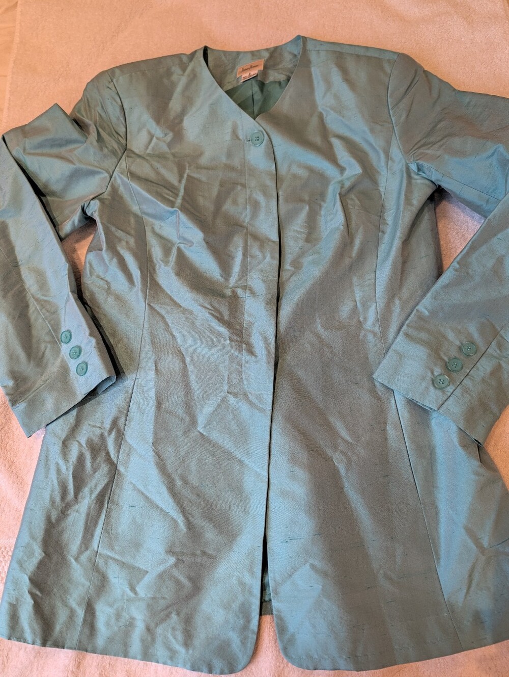 Neiman Marcus 100% Silk Dupioni Collarless Jacket Aqua Teal Longline Blazer 8
